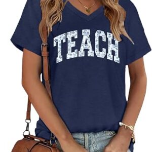 Teacher Shirts Women Teacher Life V-Neck Short Sleeve T-Shirt ABCD Teach Graphic Tee Back to School Tops(Blue,Small)