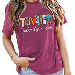 Teacher T Shirt for Women Teacher Graphic Tees Casual Inspirational Tops | Women Teach Love Inspire Letter Print Shirts Tops Teacher Life Tops Funny Teaching Loose Fit Short Sleeve Blouse