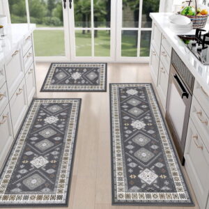 TECHVIDA Kitchen Rugs Set 3 Piece,Kitchen Mats for Floor, Non-Slip Machine Washable Rugs, Boho Farmhouse Hallway Doormat for Holiday,Gray