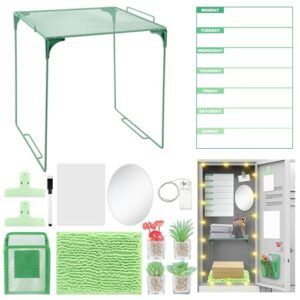 TecUnite Green Locker Accessories Kit,14 Pcs Storage Organizer, Plant Style | Magnetic Whiteboard, Shelf, Course Schedule, Mirror, Pen Holder, Dry Erase Pen, Rug, Clips, Light String
