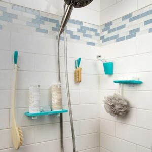 Three by Three Seattle 5-Piece Shower Caddy Organizer (Light Blue) | Aquafolio no-drill removable adhesive; rust-resistant; holds shampoo, soap & accessories; shower caddy set