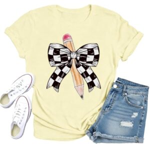 TIEEI Teacher Shirts for Women Bow Teacher T-Shirt Pencil Teaching Tee Tops
