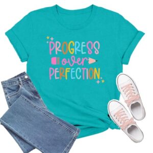 TIEEI Teacher Shirts for Women Teaching T-Shirt Progress Over Perfection Tee Tops Cyan