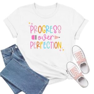 TIEEI Teacher Shirts for Women Teaching T-Shirt Progress Over Perfection Tee Tops White