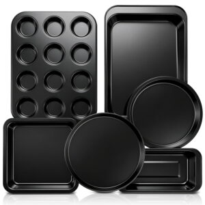 TINANA Nonstick Bakeware Set 6 Pcs, Stackable Carbon Steel Baking Pan Set for Cookies, Brownies, Bread, Cupcakes & Roasting, Oven Safe, Black