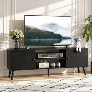 TINKLE WELL TV Stand for 55-60 Inch TVs, 3-Level Adjustable Shelf with 2 Storage Cabinets, Soft-Hinge Handle Doors, and Wooden Media Console for Living Room or Office, Black