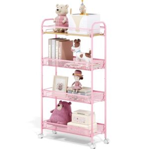TOOLF 4-Tier Slim Rolling Cart, Metal Storage Cart with Wooden Tabletop and Mesh Baskets for Narrow Space on Kitchen Bathroom Laundry Room Bedroom Apartments Dormitory