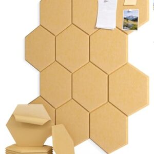 Topnaca 12 Pack Felt Bulletin Boards for Walls Corkboard for Office 12" x 10", Mustard Large Self-Adhesive Hexagon Mustard Display Tiles for Mood Memo Pinboard in Home Bedroom Kitchen School Classroom