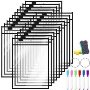 Tosstuki 20 Sets Oversized Reusable Dry Erase Pocket Clear Plastic Sleeve Protector with 2 Rings 6 Pens 2 Erasers 10x14 Inch Job Ticket Holder Work Order Sleeve for Teacher Office Supplies (Black)