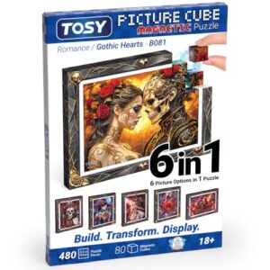 TOSY Picture Cube Halloween Gothic Hearts: 6-in-1 Magnetic Picture Puzzle, 80 Blocks, 480 Puzzle Faces, 0.63 in, B081, Seamless UV Art, Display-Ready Frame, Collectible, Valentine Gift for Adults