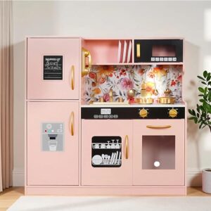 TOUCH US Wooden Play Kitchen Toy Set with Light, Children Pretend Toy Kitchen Playset, Sink Play Toy Oven with Microwave,Child Cooking Set Toy for Ages 3+ Girls Boys (Pink)