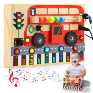 TOY Life Toddler Montessori Busy Board, Wooden Bus Sensory Board Toys with LED Light Up Switchs, Baby Busy Fidget Boards Travel Toys, Easter Birthday Gifts for 1+ Year Old Kids Girls Boys