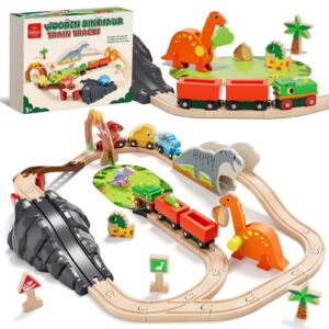 Train Set, Wooden Train Set for Kids Ages 4-8, Railway Track Toy Set with Locomotive, 3 Dinosaur Cars, Compatible with Other Brands