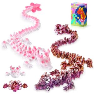 TXB3DOK 3pcs 12in 3D Printed Crystal Dragon,3D Printed Flexible Articulated Dragon,Home Office Decor Executive Desk Toys, Fidget Toys for Autism/ADHD (Cherry Mushroom Dragon)