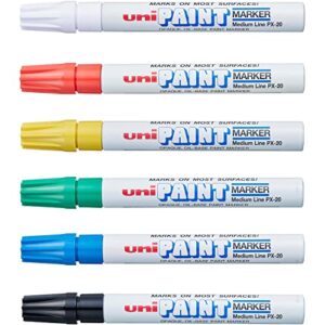 uni® Paint PX-20 Paint Markers, Medium Line (1.8-2.2mm), Assorted, 6 Pack | Oil-based permanent paint, opaque glossy marks on metal, glass, wood & concrete, withstands weather, heat & abrasion