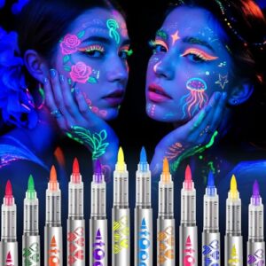 UV Neon Face Paint Markers 12 Colors, Halloween Glow in the dark Body Paint