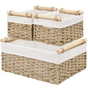 Vagusicc Wicker Storage Basket, 3-Packs Seagrass Storage Baskets for Organizing, Large Cube Storage Organizer Baskets Bins with Handles for Shelves Decor, Small Toilet Paper Storage Basket (Seagrass)