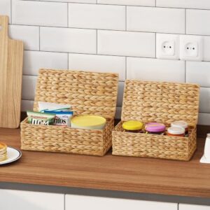 Vagusicc Wicker Storage Basket with Lid, Set of 2 Handwoven Water Hyacinth Storage Baskets for Shelves, Rectangular Storage Bins with Lid, Decorative Storage Boxes, Small Wicker Baskets for Organizing