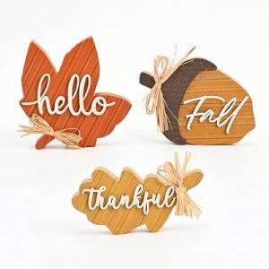 Valery Madelyn Thanksgiving Decorations, 3Pcs Wooden Fall Decor, 4 inch | Thanksgiving Decor for Table Mantel Shelf Office, Fall Decorations Featuring Maple Leaf Oak Leaf and Acorn, Autumn Decor