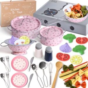 Veitch fairytales Kids Play Kitchen Toy Accessories Set Toddler Cooking Playset Vintage Colorful Flower Pots and Pans Play Foods Toy Gifts for 3 4 5 6 Year Old Girls Boys (Pink)
