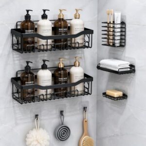 Veltrano 5 Pack Rust Resistant Stainless Steel Shower Caddy Set, No Drilling Adhesive Bathroom Organizer, Space Saving Shower Shelves L Size, Apartment Essentials for Bathroom And Kitchen Storage