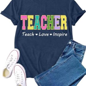 VERYNEAT Teacher Shirt for Women Teach Teaching T-Shirts Casual Teacher Life Short Sleeve Tops Blue