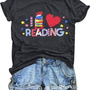 VILOVE Read Book Shirt for Women I Love Reading T Shirt Reading Teacher Top