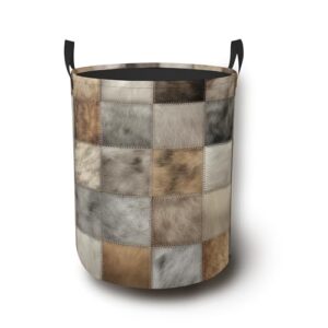 Vintage Cowhide Laundry Basket,Foldable Oxford Cloth Laundry Hamper with Handles Waterproof Dirty Clothes Storage Basket for Bathroom Bedroom Dorm Room 16" x 20.8"