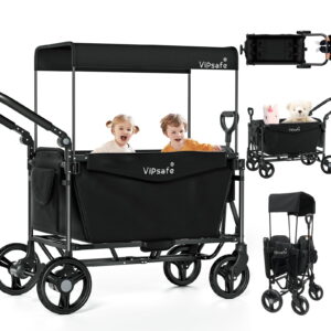 Vipsafe Foldable Wagon Stroller for 2 Kids, 3-in-1 Toddler Wagon with 5-Point Harness, Foot Brake, Detachable Canopy, Pull & Push Handle, Outdoor & Travel, Black