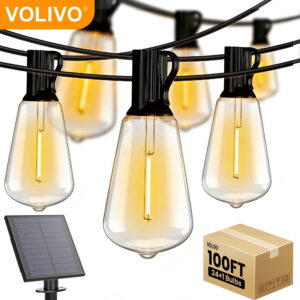 VOLIVO Solar Outdoor String Lights 100FT, Shatterproof Patio Lights with 24 ST38 Vintage Edison Bulbs, Solar Hanging Lights, for Porch, Deck, Garden, Backyard