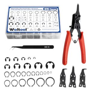 Waltool 870Pcs Alloy Steel M4-M28 C-Clip External Circlip Snap Rings and 1.5mm-10mm E-Clip Retaining Rings with Snap Ring Pliers for Automobiles Motorcycle Lawnmowers Electrical Appliances