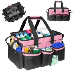Wearable Cleaning Caddy Bag with Shoulder Straps, Cleaning Caddy Supplies Organizer with Handle & Detachable Divide, Cleaning Tool Organizers Tote Bag for Cleaners,Housekeepers (pink)