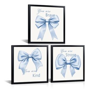 WELMECO Blue Bow Wall Decor Positive Artwork Girls Bathroom Decor (Blue) | 12"x12"x3Panels with Black Frame, Ready to Hang