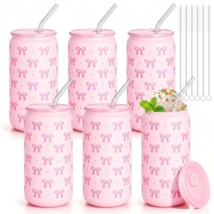 Willinglong 6 Pack Pink Bow Glass Cups with Lids and Straws