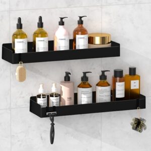 Wisfame Shower Caddy Adhesive, 2 Pack Large Capacity Rustproof Shower Shelves, No Drill Bathroom Shelf with 8 Hooks, Stainless Steel Shower Organizer Rack, Black/40cm