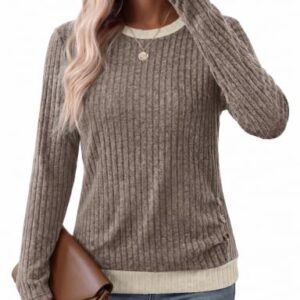 Womens Tops Long Sleeve Shirts Teacher Outfits Fall Sweaters 2026 Brown M