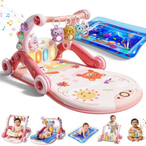 WonderStone 6-in-1 Baby Gym Play Mat, Activity Center Walker with Water Mat, 5 Infant Toys & Portable Musical Piano Panel for Babies 0–12 Months, Pink