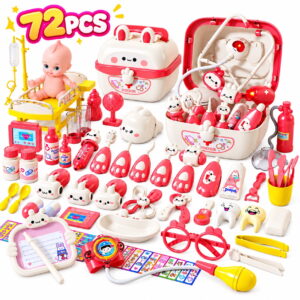 WonderStone Dentist Play Set , 60PCS Pretend Play Doctor Kit with Doll, Realistic Role-Playing Toys for Toddlers 3-5，Pink
