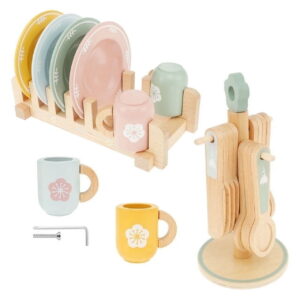 Wooden Play Dishes and Kitchen Accessories Set for Kids Pretend Tableware Toy Pack with Storage Racks Durable Play Plates Cups and Cutlery Gift for Toddlers Ages 3+