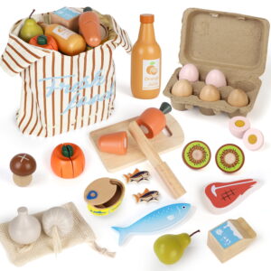 Wooden Play Food Sets for Kids Kitchen, Food Toys for Toddlers 3+ Year Old, with Shopping Bag, Pretend Food Play Kitchen Cutting Fruits Vegetables Toys, Gift for Boys Girls Educational Toys