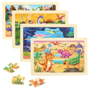 Wooden Puzzles Dinosaur Toys for Kids Ages 3-5, Set of 4 Packs with 24-Piece Wood Jigsaw Puzzles, Preschool Educational Brain Teaser Boards for Boys and Girls 3 4 5 6 Years Old