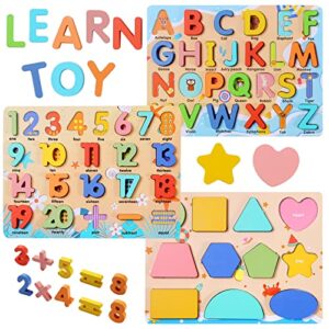 Wooden Puzzles for Toddlers, Voamuw Alphabet Number Shape Learning Education Preschool Toys for Kids Ages 3-6 Years Old (Set of 3)