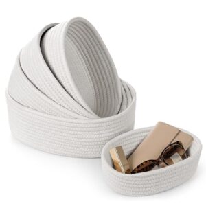 Woven Rope Storage Baskets, 5 Pack Oval Organizer Shelf Tray (White) | Countertop Tray, Small to Large Graduated Size Set, Cotton Rope Fabric, Scratch-Free Soft Bins Boho Decorative Organization