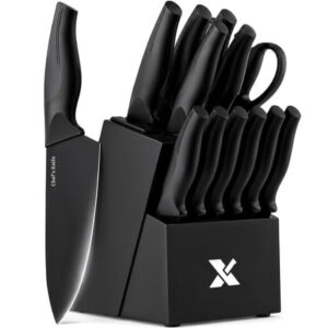Xanapon 13-Piece Knife Set for Kitchen, Built-in Sharpener Block, German Stainless Steel, Dishwasher Safe, Black
