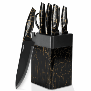Xanapon Knife Set, 7 Pieces Kitchen Knife Block Set, High Carbon German Stainless Steel, Dishwasher Safe Knives with Sharpener, Black