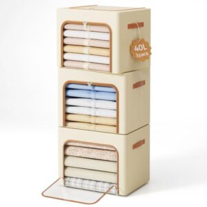 Yecaye 3-Pack 40L Clothes Storage Bins, Storage Bags for Clothes, Beige