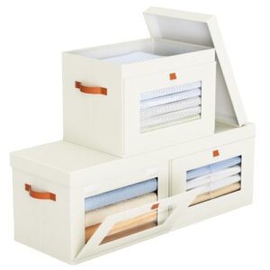 Yecaye 3 Pack Closet Storage Bins with Lid, Clothing Storage Bins, Beige