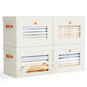 Yecaye 4 Pack Closet Storage Bins with Lid, Clothing Storage Bins, Beige