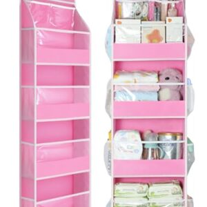 Yecaye 5 Tier Over the Door Organizer, Swing-proof Door Organizer Hanging with Clear PVC Windows, Behind the Door Storage for Bedroom Nursery Closet Laundry Pantry Bathroom, Pink