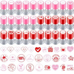 Yexiya 30 Pcs Teacher Stamps for Grading, Round Self Inking, Pink Red Ink